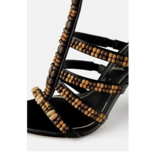 NWT Zara black & brown beaded open toe heeled strappy gladiator sandal, 6 - Picture 3 of 12
